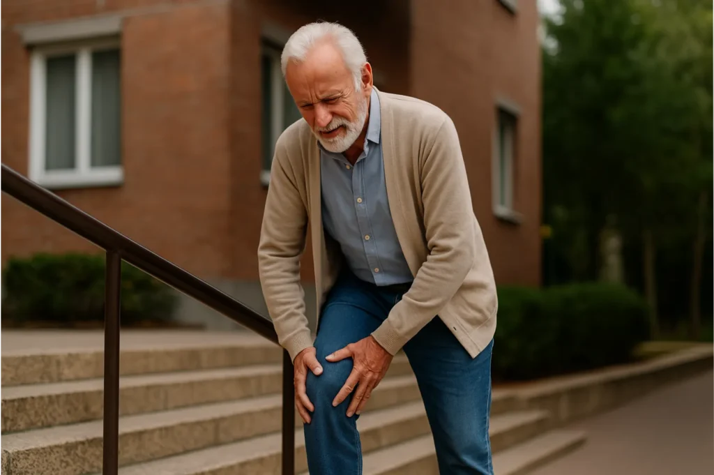 Elderly man feeling knee pain while climbing stairs
